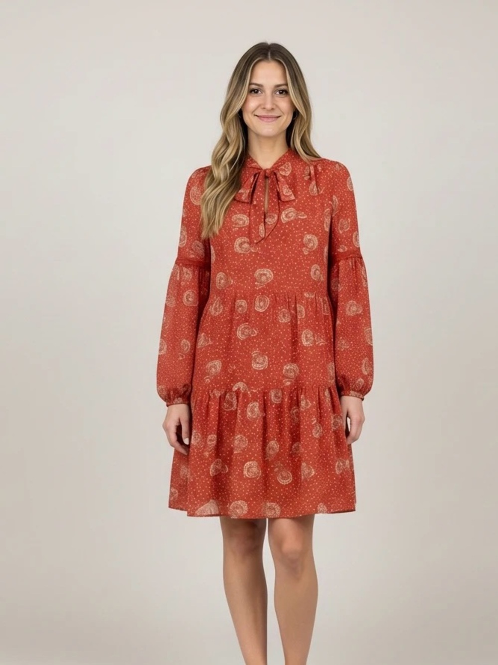 Luxology Burnt Orange Floral Boho Tiered Mini Dress Women’s Small